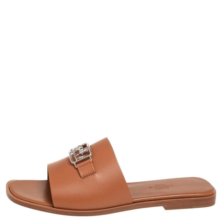 Hermes Brown Leather Villa Flat Slides Sandals Size 37.5