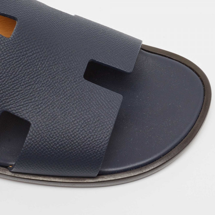 Hermès Navy Blue Leather Izmir Flat Slides Size 45