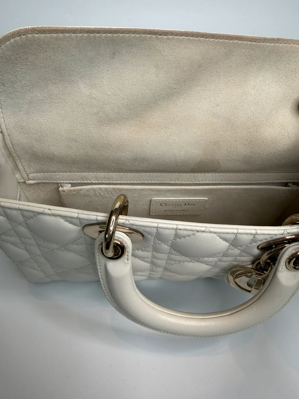 CHRISTIAN DIOR MEDIUM D-JOY BAG IN LATTE WITH PALE GOLD HARDWARE