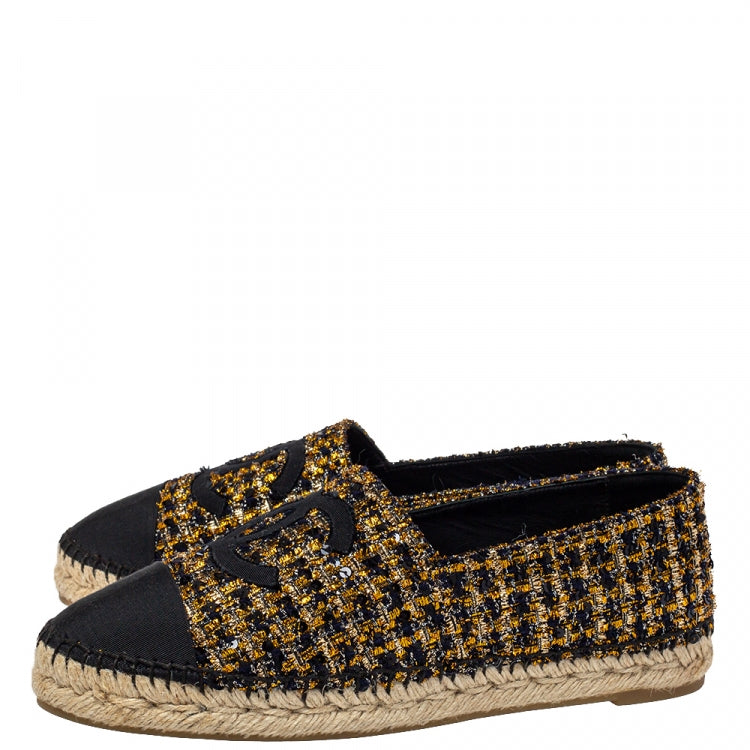 Chanel Black/Gold Tweed And Fabric CC Flat Espadrilles Size 39