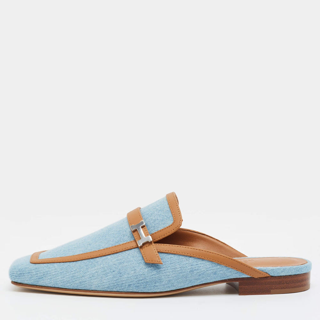 Hermes Groupie Size 37 Blue/Brown Denim and Leather Flat Mules