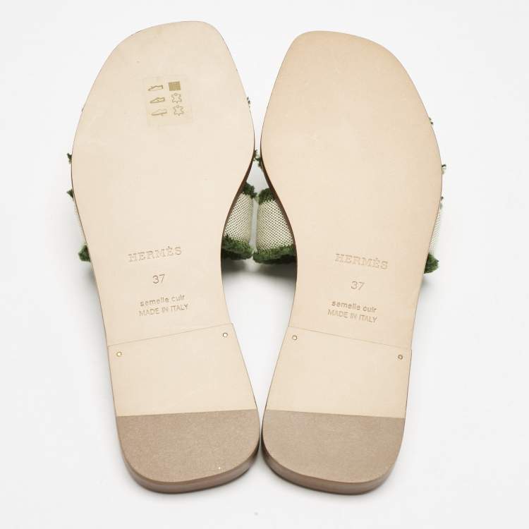 Hermes Beige/Green Fringe Canvas Oran Flat Slide Sandals Size 37