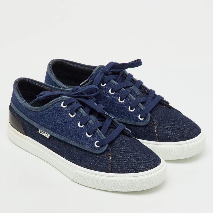 Hermes Navy Blue/Black Denim and Leather Envy Low Top Sneakers Size 43
