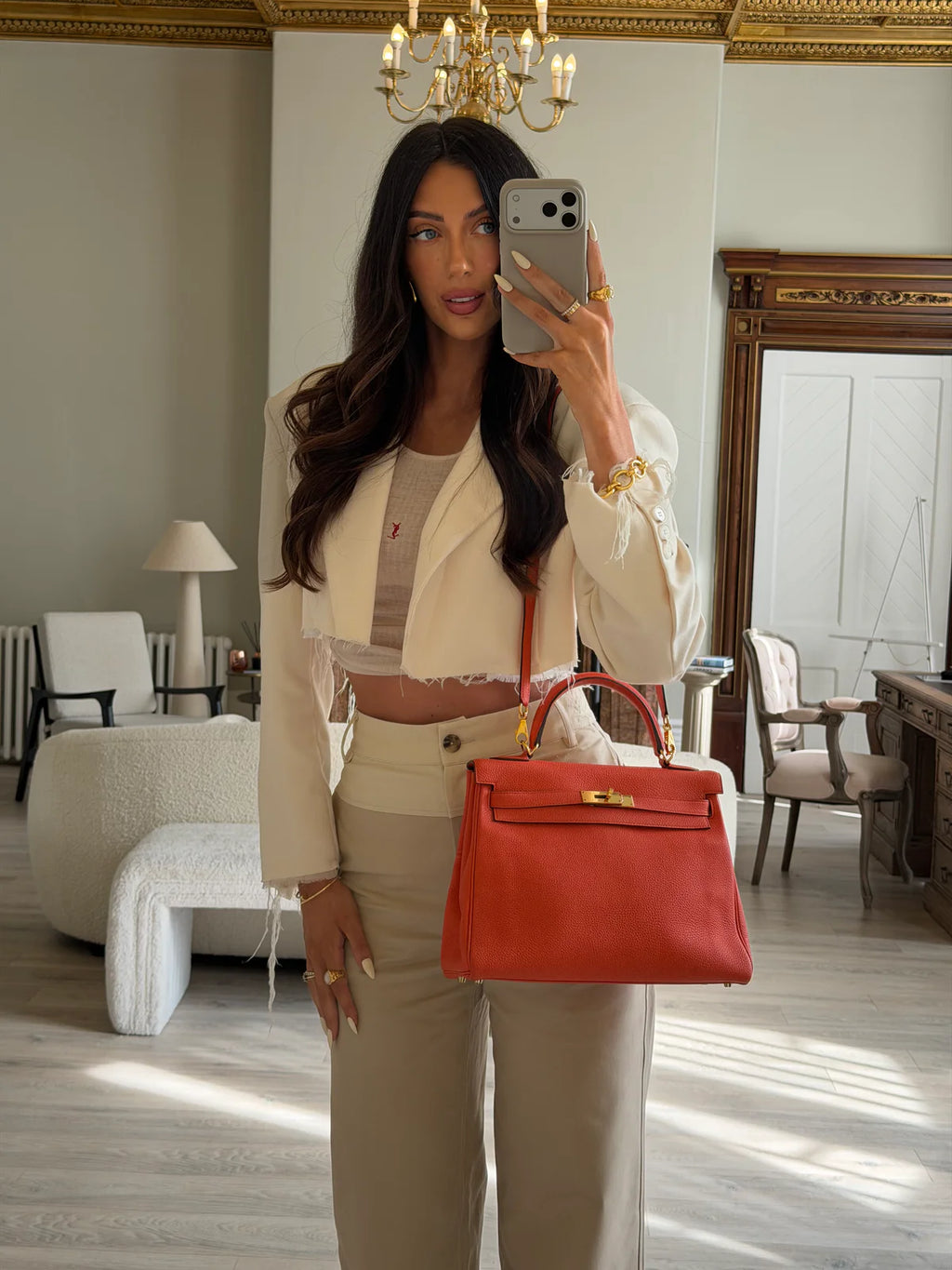 HERMÈS KELLY 28 IN CAPPUCINE TOGO LEATHER GOLD HARDWARE