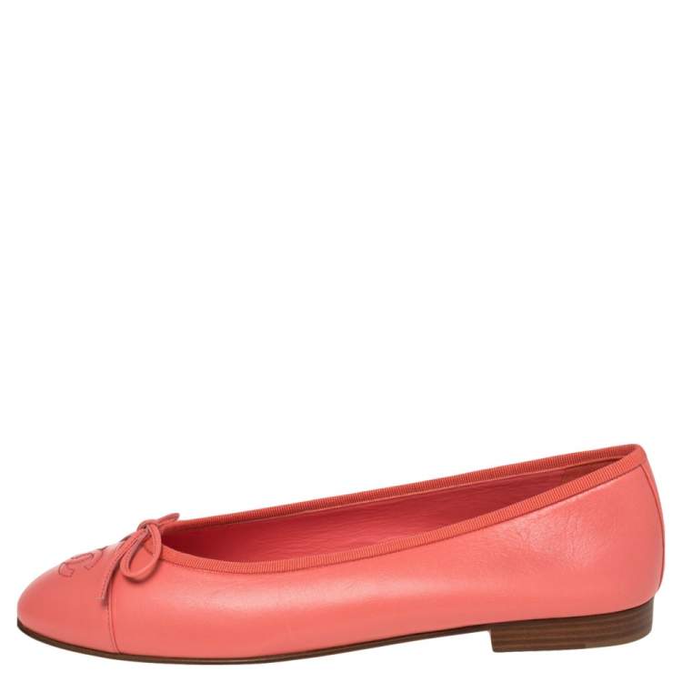 Chanel Coral Pink Leather CC Cap Toe Bow Ballet Flats Size 40
