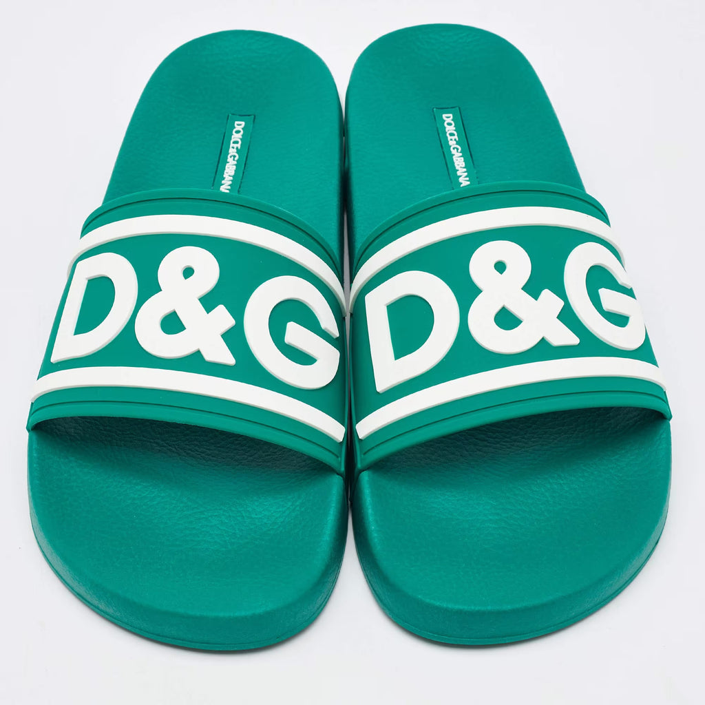 Dolce & Gabbana Dark Green Rubber Logo Flat Slides Size 41