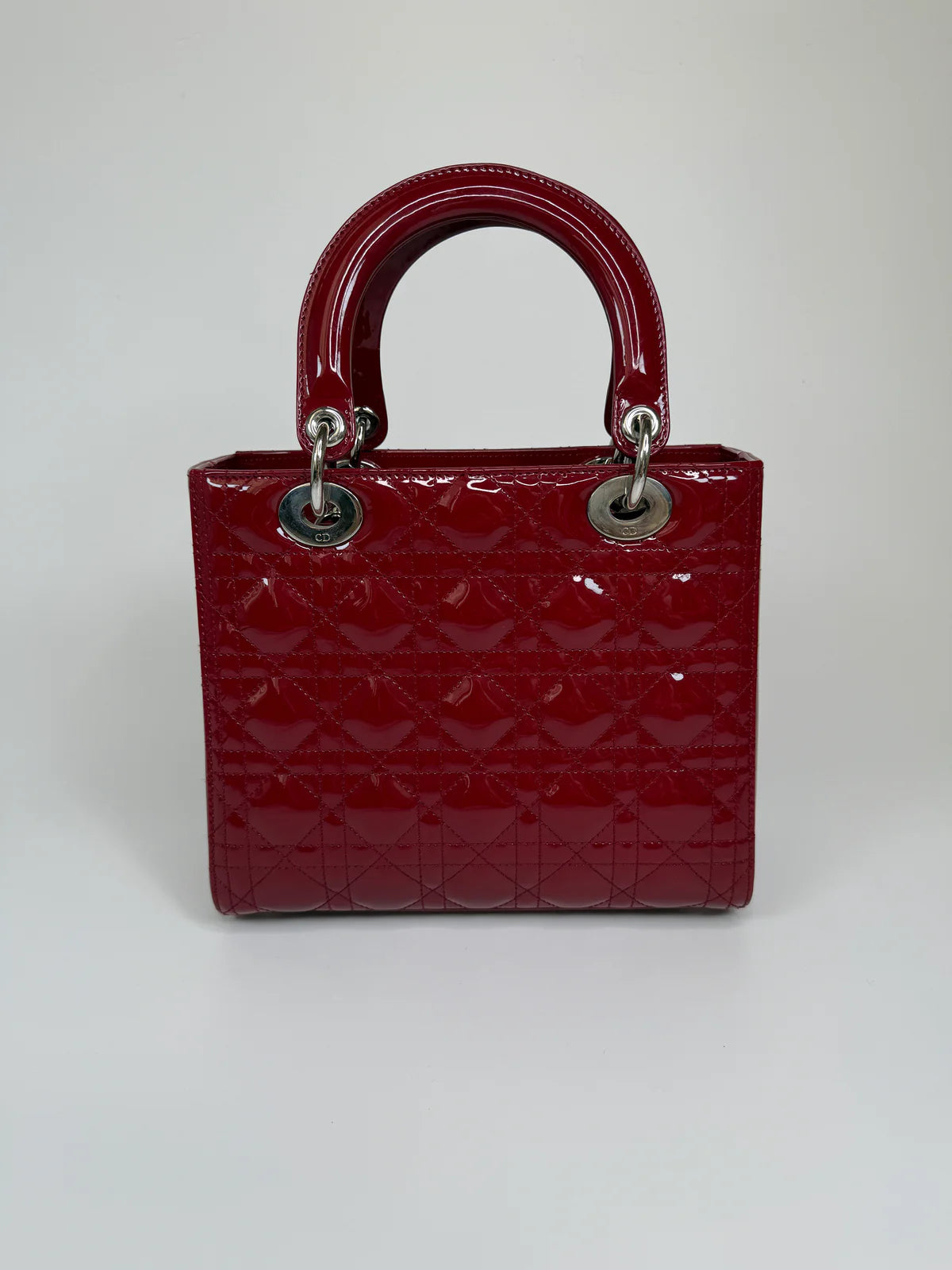 CHRISTIAN DIOR MEDIUM LADY DIOR IN PATENT RED LEATHER WITH SILVER HARDWARE