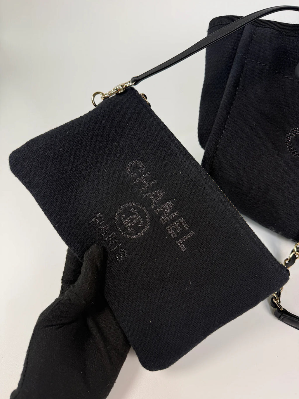 CHANEL SMALL DEAUVILLE TOTE BAG IN BLACK WITH PALE GOLD HARDWARE