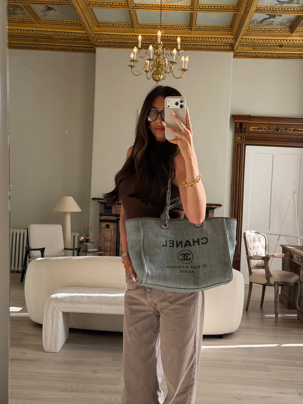 CHANEL MEDIUM DEAUVILLE TOTE BAG IN DENIM BLUE WITH SILVER HARDWARE