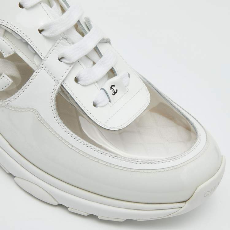 Chanel White PVC and Patent Leather CC Low Top Sneakers Size 39.5