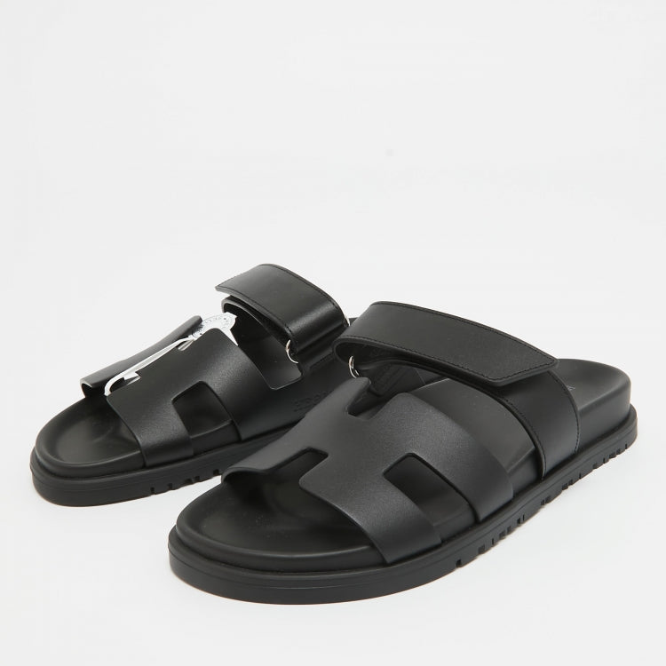 Hermes Black Leather Chypre Sandals 36