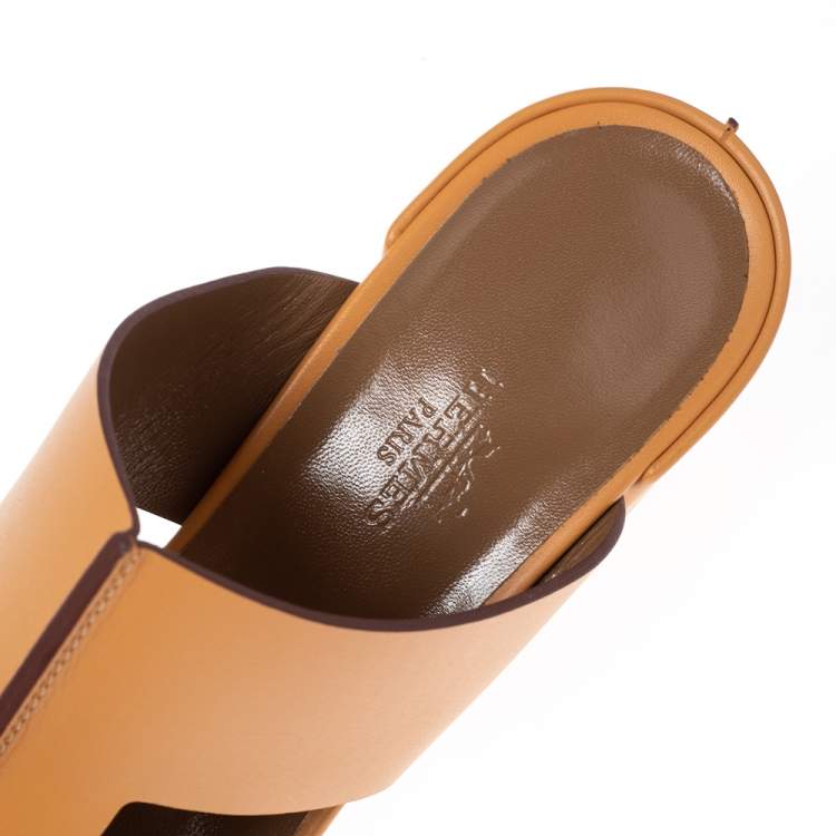 Hermes Tan Leather Ostia Slide Sandals Size 37.5