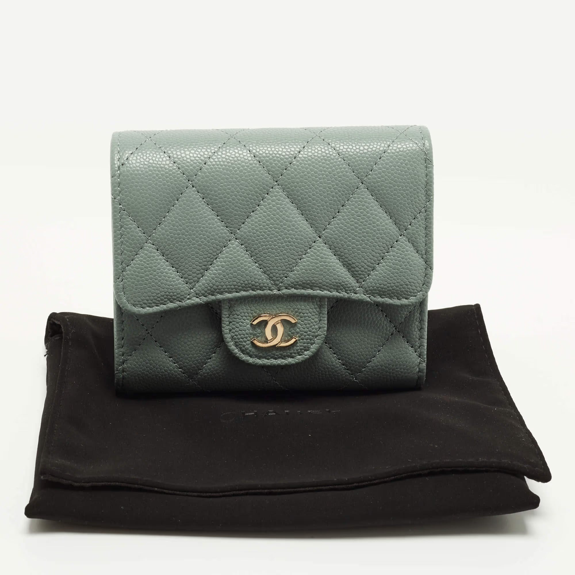 Chanel Classic Sage Green Quilted Caviar Leather Trifold Wallet