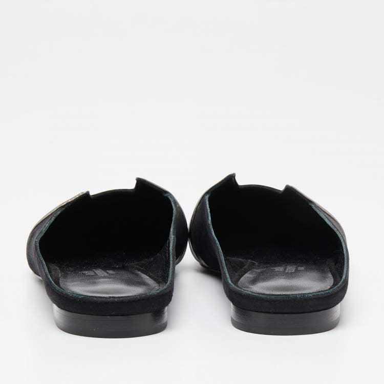 Hermes Black/Metallic Grey Suede and Leather Roxane Flat Mules Size 37