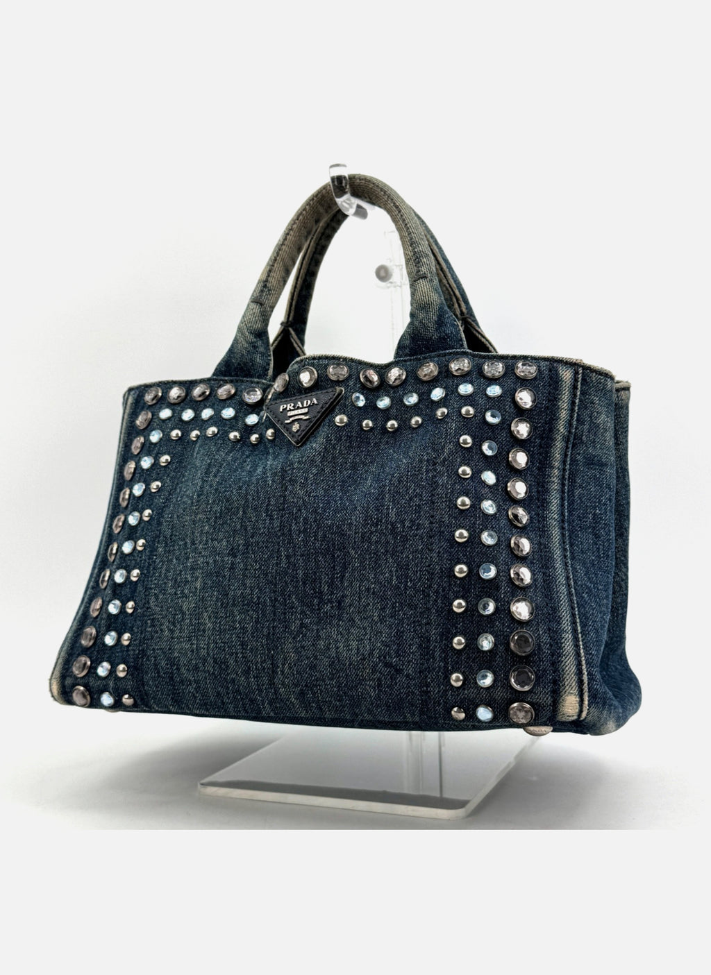 PRADA Canapa Tote Bag Bijoux Rhinestones Studs Denim Blue Bag