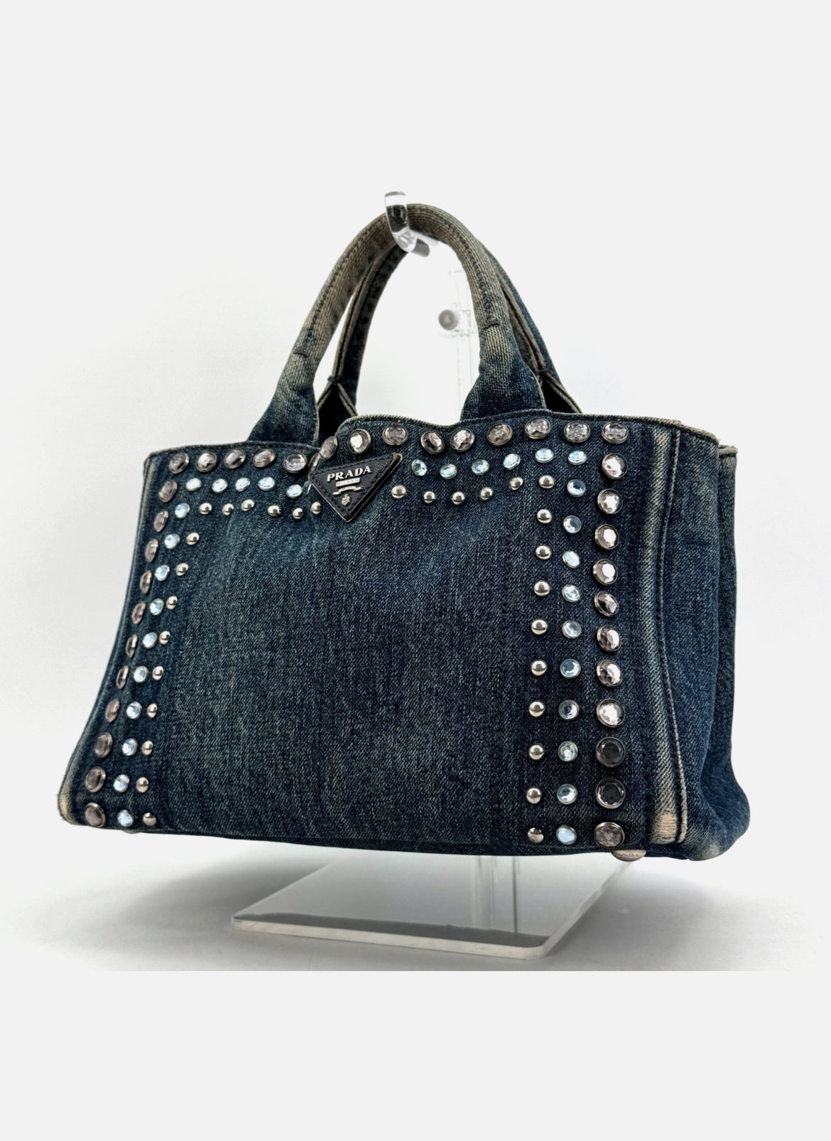 PRADA Canapa Tote Bag Bijoux Rhinestones Studs Denim Blue Bag