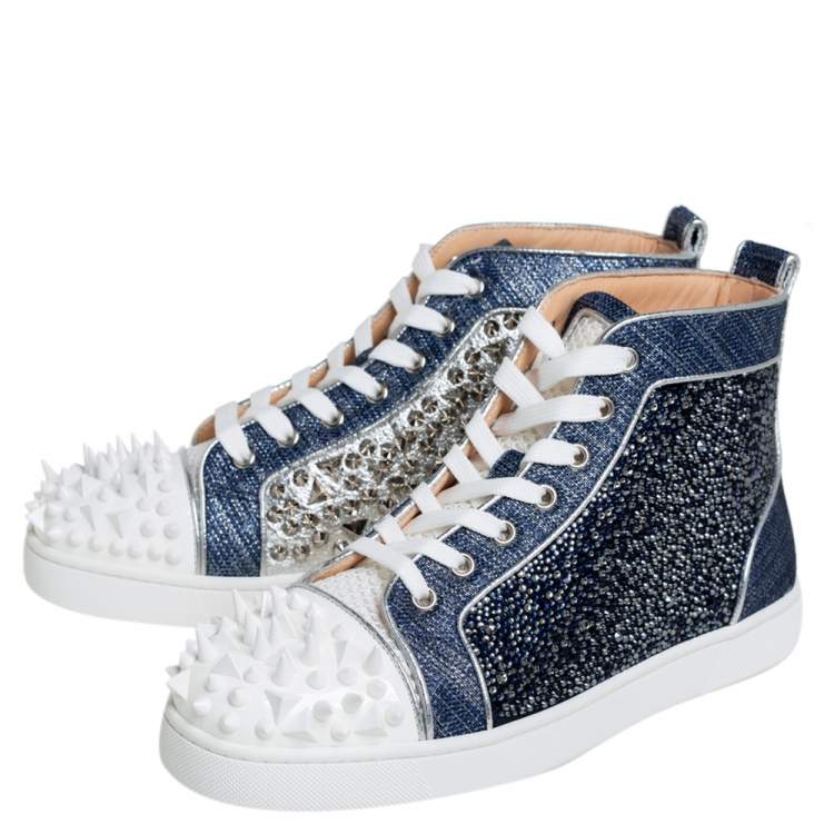 Christian Louboutin Denim Blue Silver White Lou Degra Spikes Studded High Top Sneakers Size 40