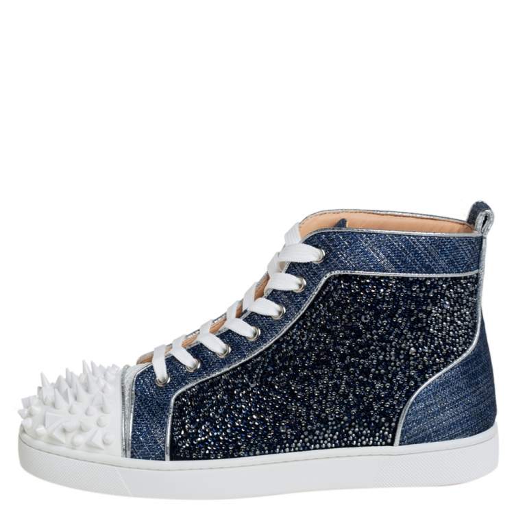 Christian Louboutin Denim Blue Silver White Lou Degra Spikes Studded High Top Sneakers Size 40