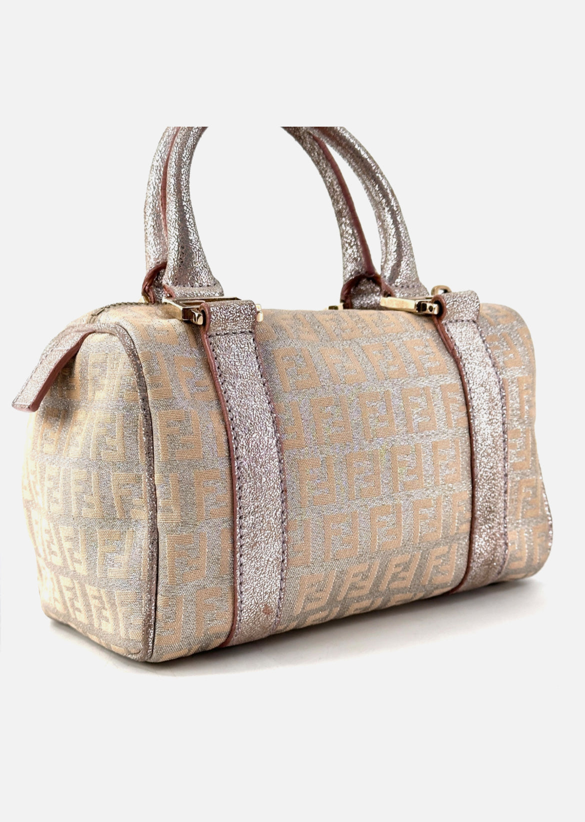 FENDI Mini Boston Bag Zucchino Canvas Leather Pink Beige Silver Purse