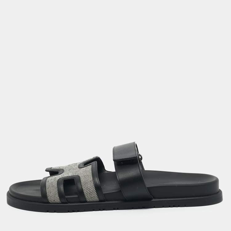 Hermes Black/White Leather and Canvas H Maxi Chypre Flat Sandals Size 45.5