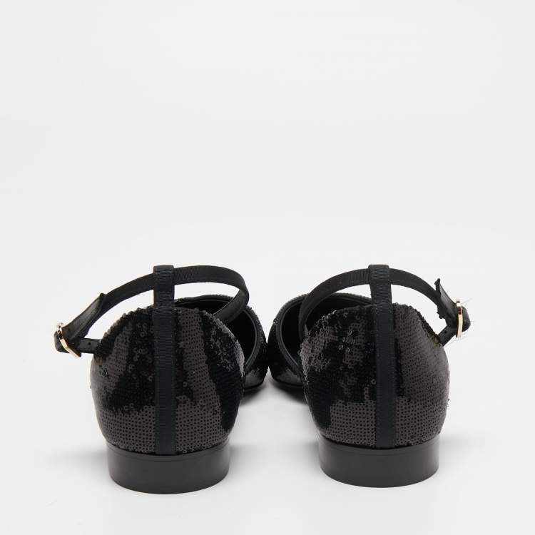 Chanel Black Sequins and Canvas CC Cap Toe Mary Jane Flats Size 39