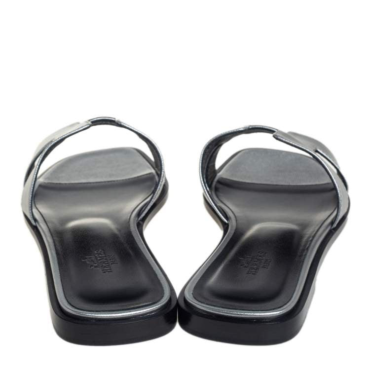 Hermes Silver Leather Oran Flat Slides Size 38