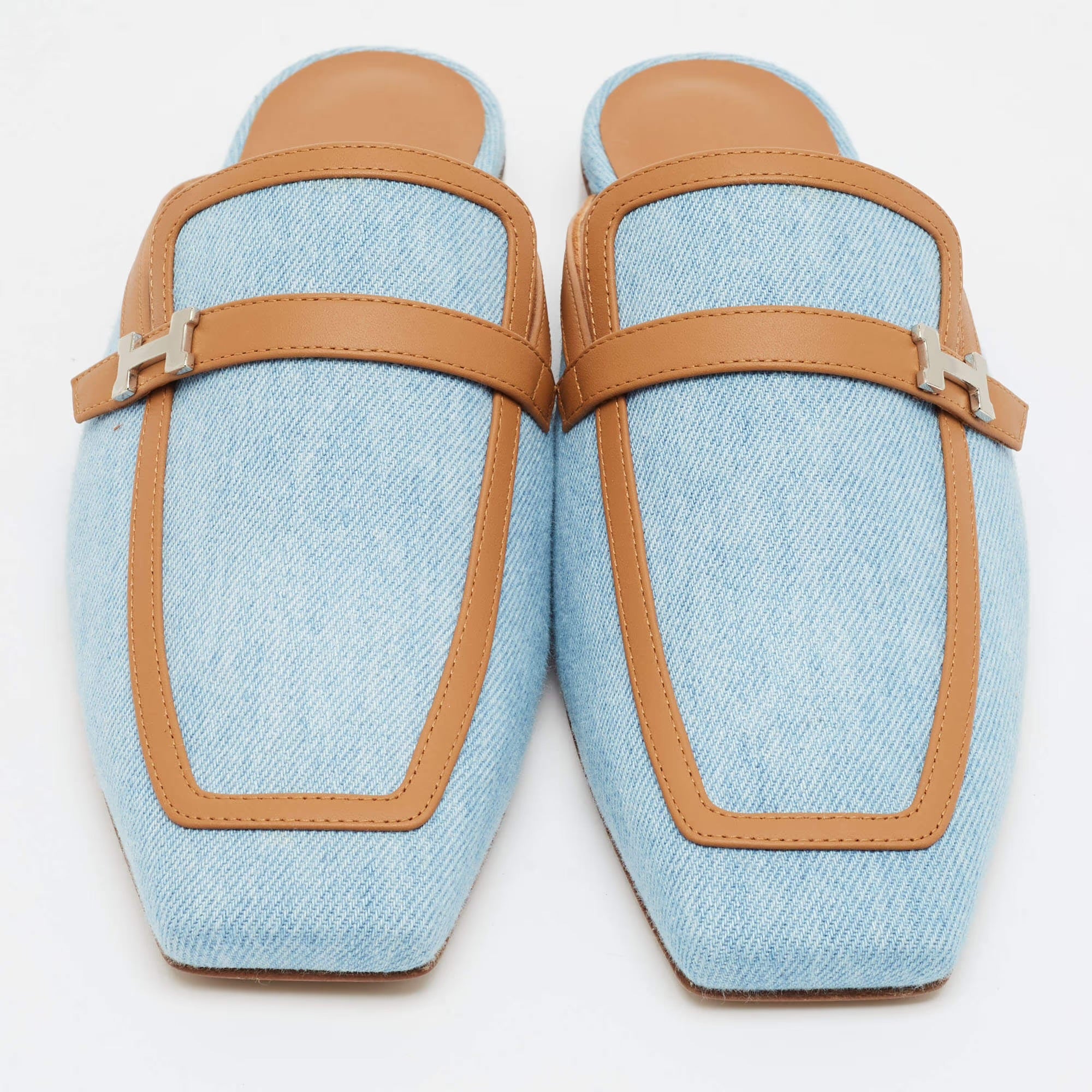Hermes Groupie Size 37 Blue/Brown Denim and Leather Flat Mules