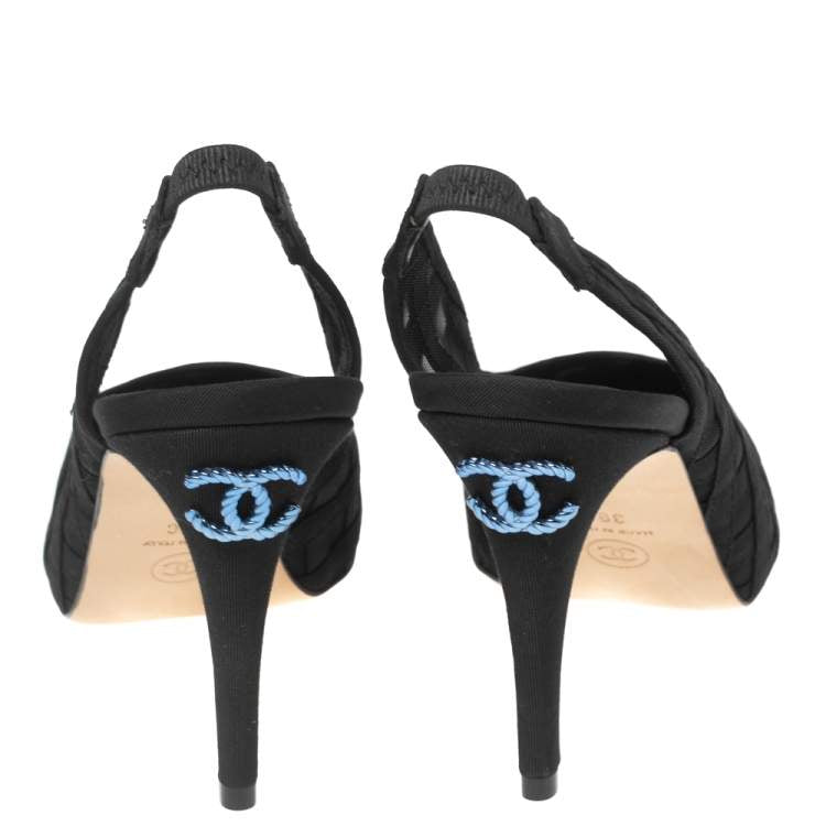 Chanel Black Mesh and Fabric Cap Toe Slingback Pumps Size 39