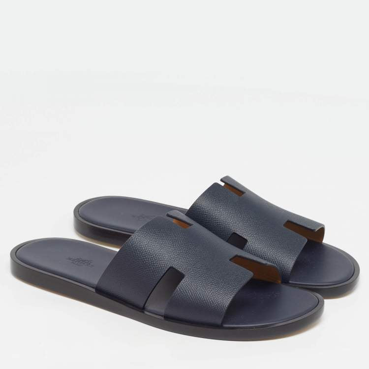 Hermès Izmir Size 43.5 Navy Blue Leather Flat Slides