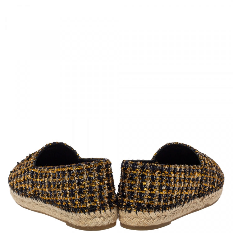 Chanel Black/Gold Tweed And Fabric CC Flat Espadrilles Size 39