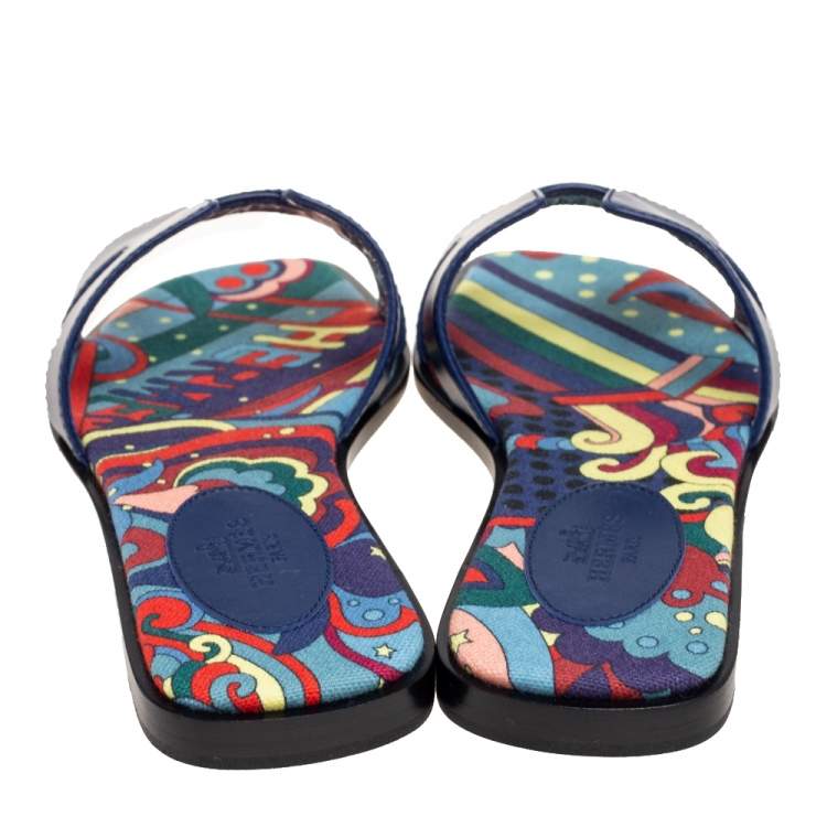 Hermes Navy Blue Leather Oran Flat Slide Sandals Size 36