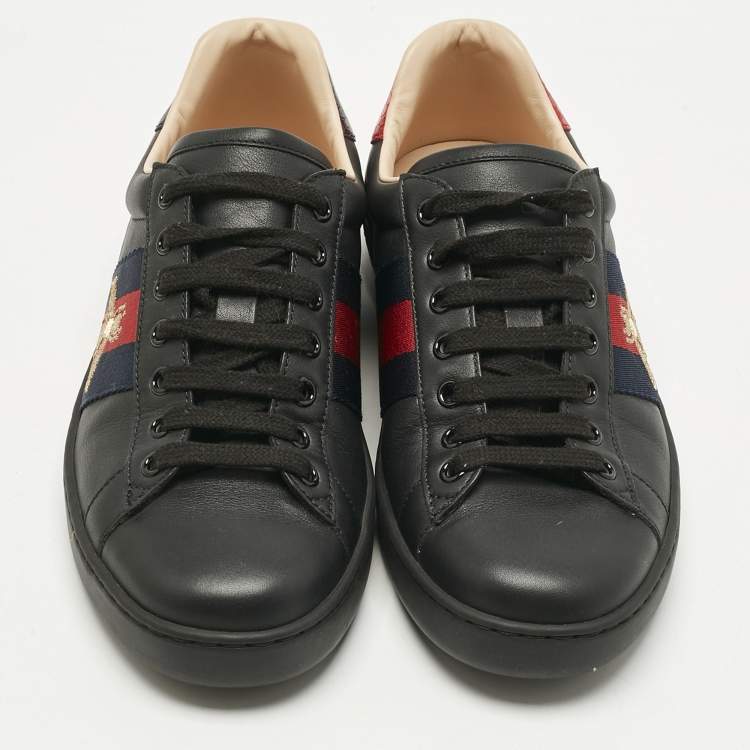 Gucci Black Leather and Snakeskin Embossed Leather Ace Lace Up Sneakers Size 38.5
