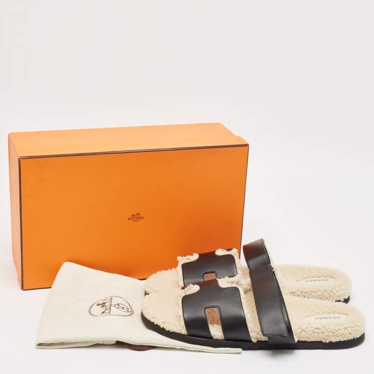 Hermes Black Leather and Shearling Fur Lined Chypre Sandals Size 45.5