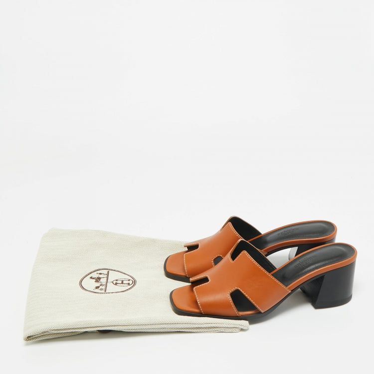 Hermès Brown Leather Helia Slide Sandals Size 36