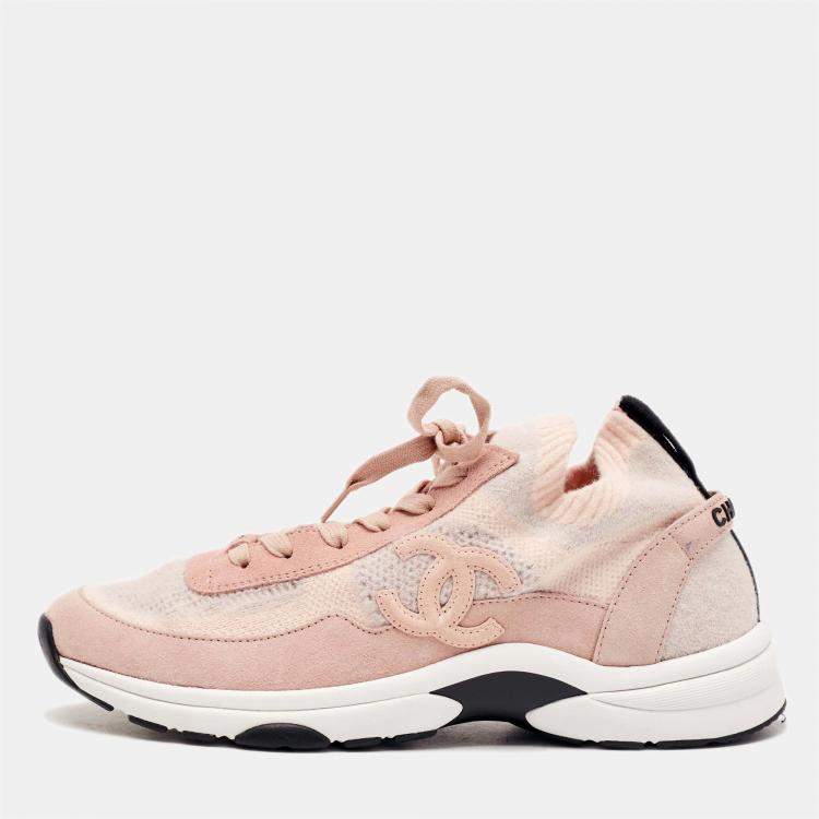 Chanel CC Size 40.5 Two Tone Knit Fabric and Suede Lace Up Sneakers