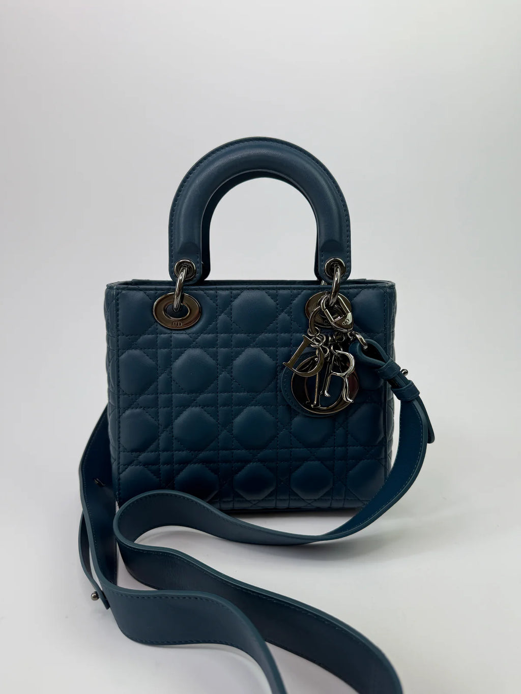 CHRISTIAN DIOR LADY DIOR SMALL BAG IN DENIM BLUE WITH SILVER HARDWARE