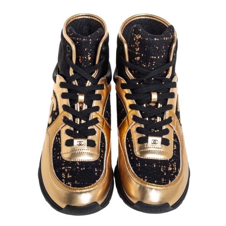 Chanel Black/Gold Tweed and Patent Leather CC High Top Sneakers Size 38