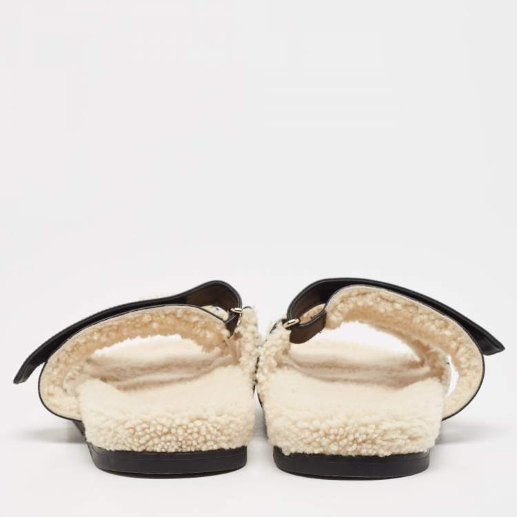 Hermes Black Leather and Shearling Fur Lined Chypre Sandals Size 45.5