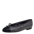 Chanel Grey/Black Quilted Leather Bow CC Cap Toe Ballet Flats Size 38.5