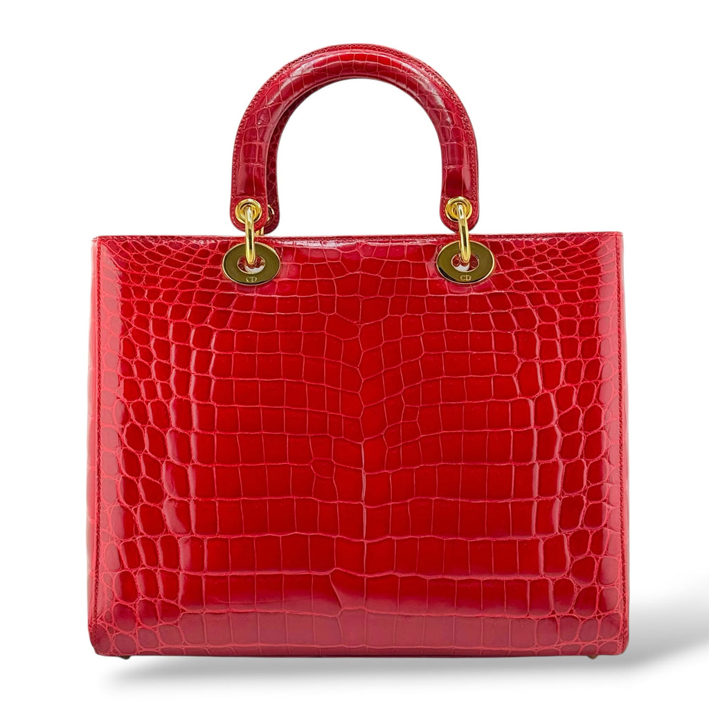 Christian Dior Red Shiny Crocodile Large Lady Dior Tote Bag