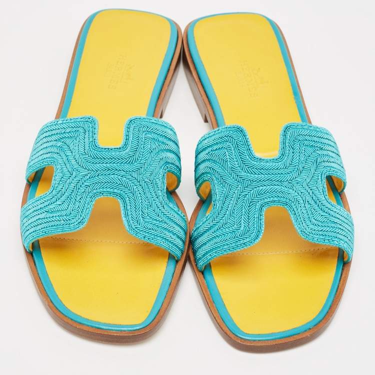 Hermes Blue Twisted Metal Thread Oran Flat Slides Size 36