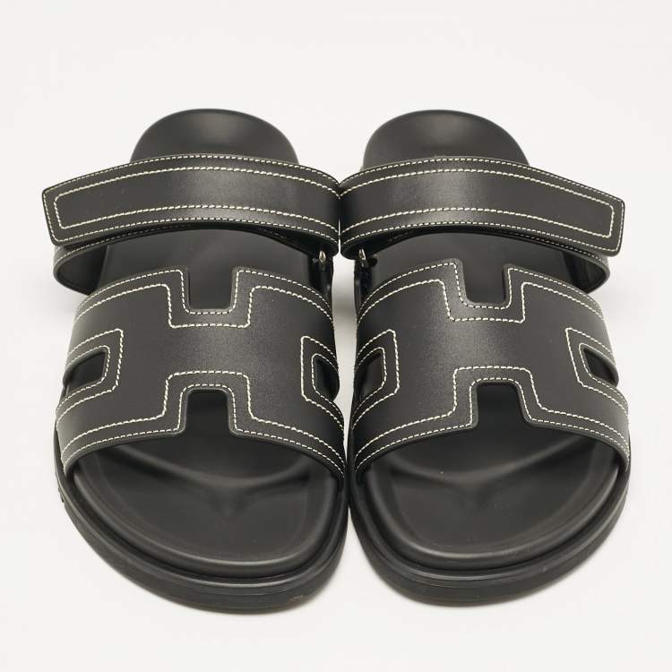 Hermes Black Leather Chypre Sandals Size 46