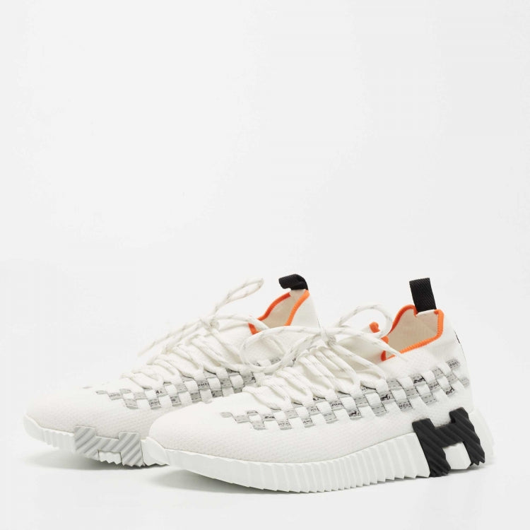 Hermes White Knit Fabric Flex Sneakers Size 36.5