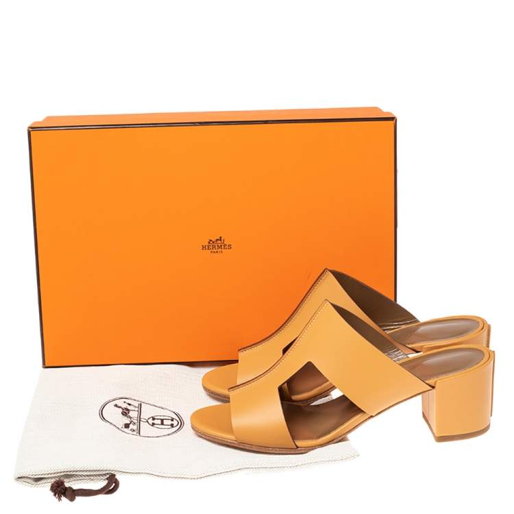 Hermes Tan Leather Ostia Slide Sandals Size 37.5