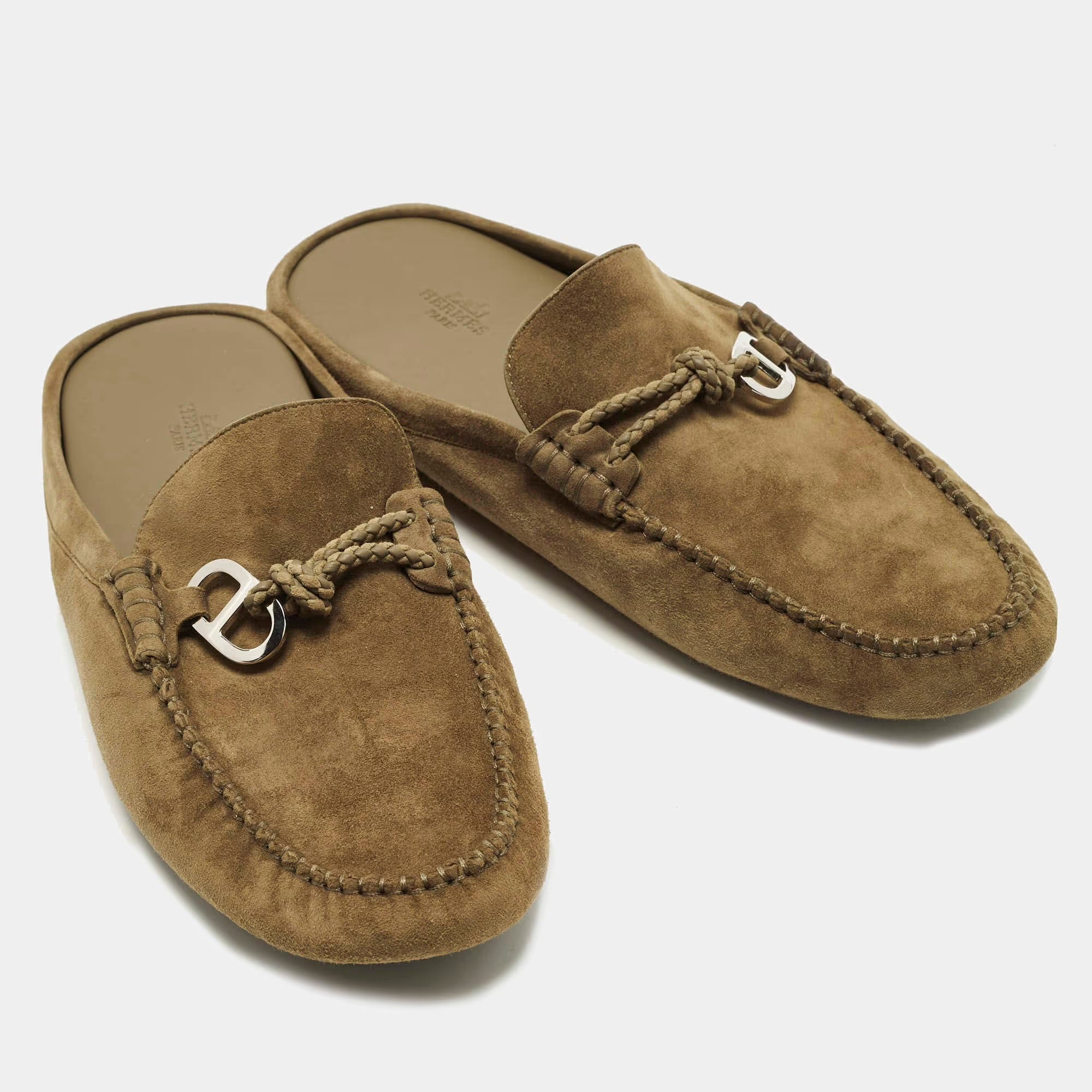 Hermes Icaro Size 43 Olive Green Suede Flat Mules