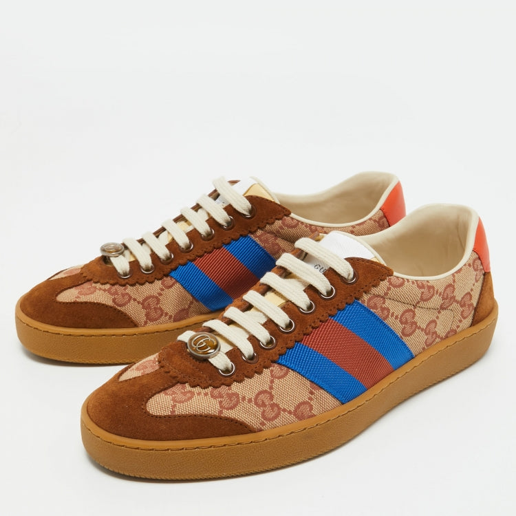 Gucci Brown/Beige GG Canvas and Suede Web G74 Sneakers Size 38.5
