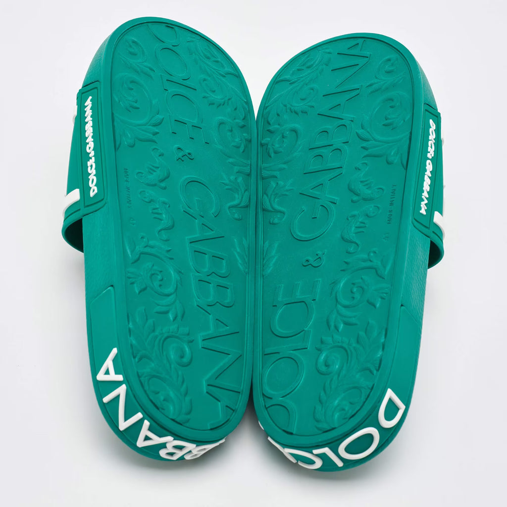 Dolce & Gabbana Dark Green Rubber Logo Flat Slides Size 41