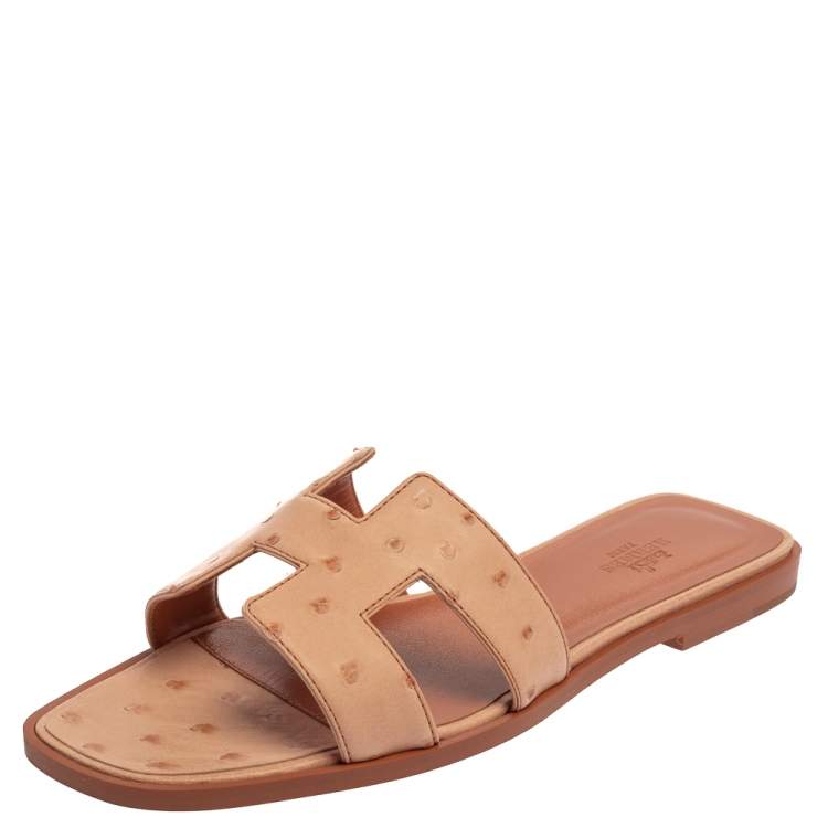 Hermes Pink Ostrich Leather Oran Sandals Size 38