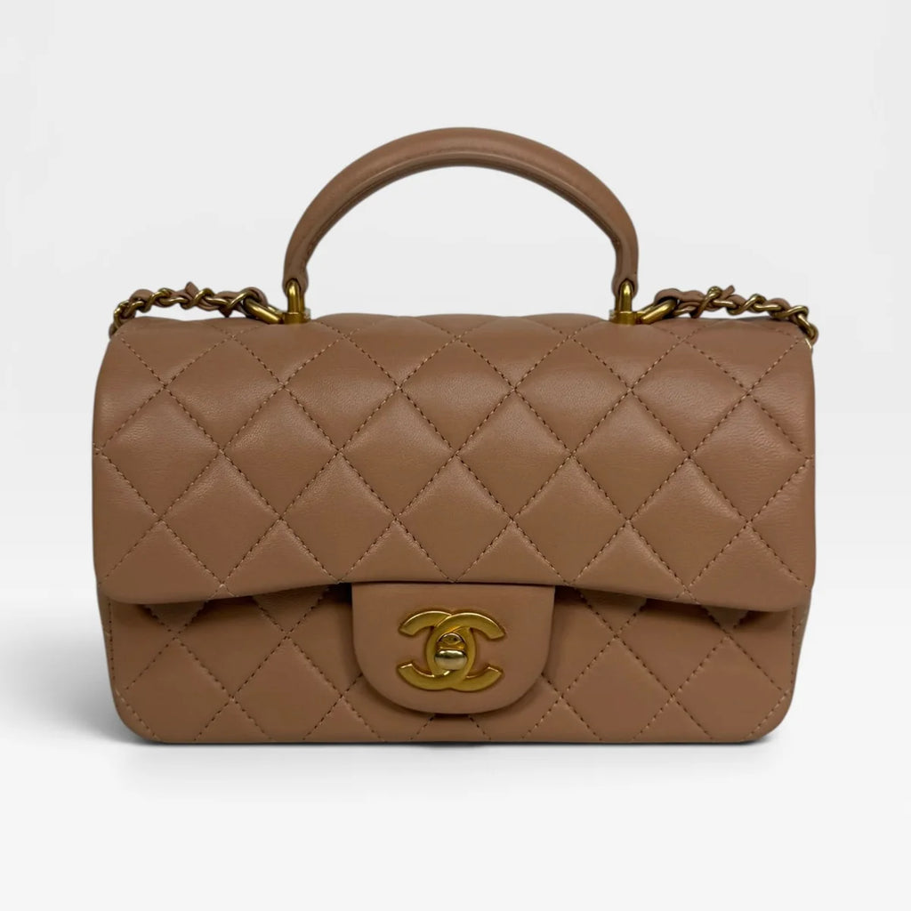 CHANEL MINI RECTANGLE TOP HANDLE IN BEIGE LAMBSKIN LEATHER GOLD HARDWARE