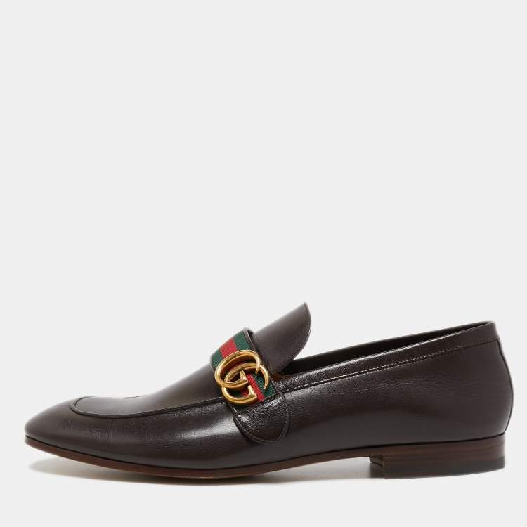 Gucci Brown Leather GG Marmont Web Loafers Size 46